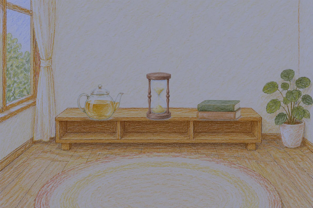 방배동 여성전용 얼굴 경락 안내 그림, 밤의 창가 낮은 선반 위에 놓인 유리 티포트, 모래시계, 책 두 권