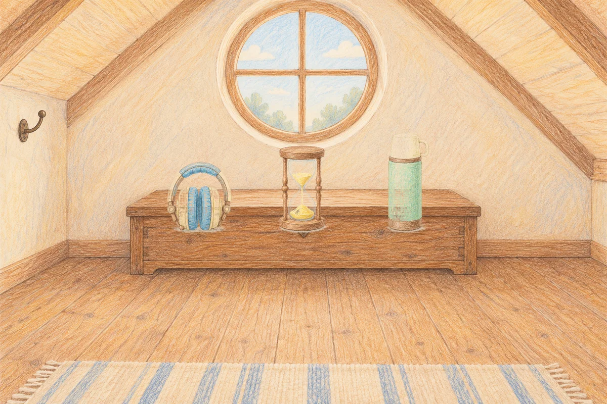 방배동 여성전용 바디 경락 안내 그림, 낮의 다락방 나무 궤짝 위에 놓인 헤드폰, 모래시계, 보온병
