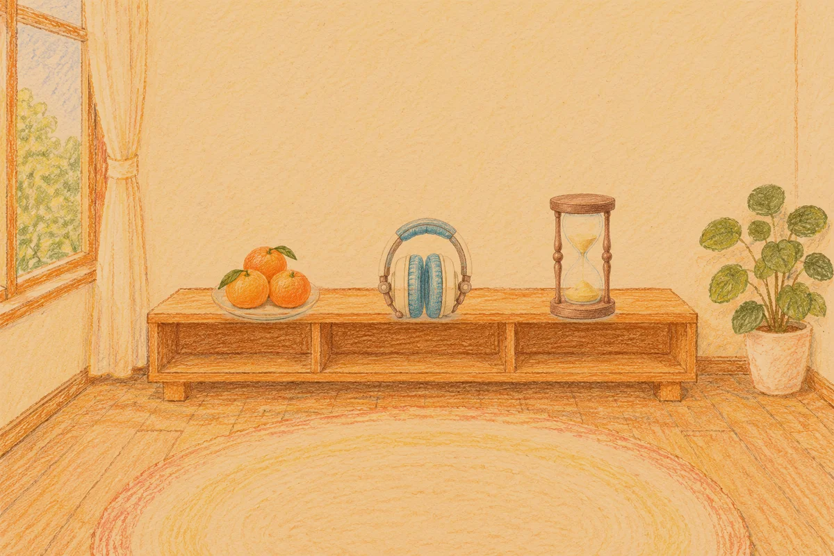 방배동 여성전용 홈케어 안내 그림, 저녁의 창가 낮은 선반 위에 놓인 귤이 담긴 접시, 헤드폰, 모래시계