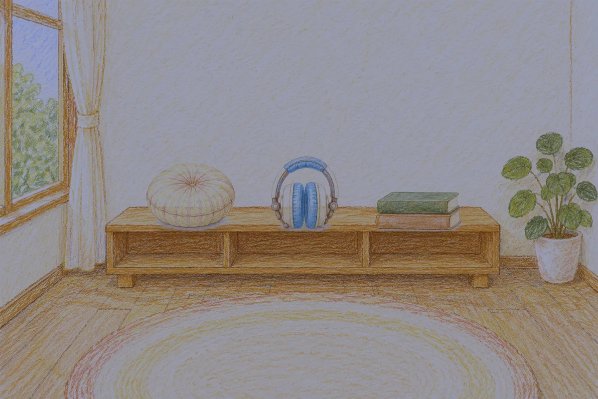 방배동 여성전용 방문 마사지 안내 그림, 밤의 창가 낮은 선반 위에 놓인 둥근 쿠션, 헤드폰, 책 두 권