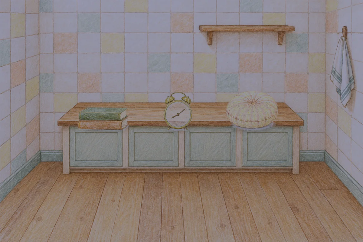 방배동 여성전용 홈케어 후기 안내 그림, 밤의 부엌 나무 조리대 위에 놓인 책 두 권, 둥근 알람시계, 둥근 쿠션