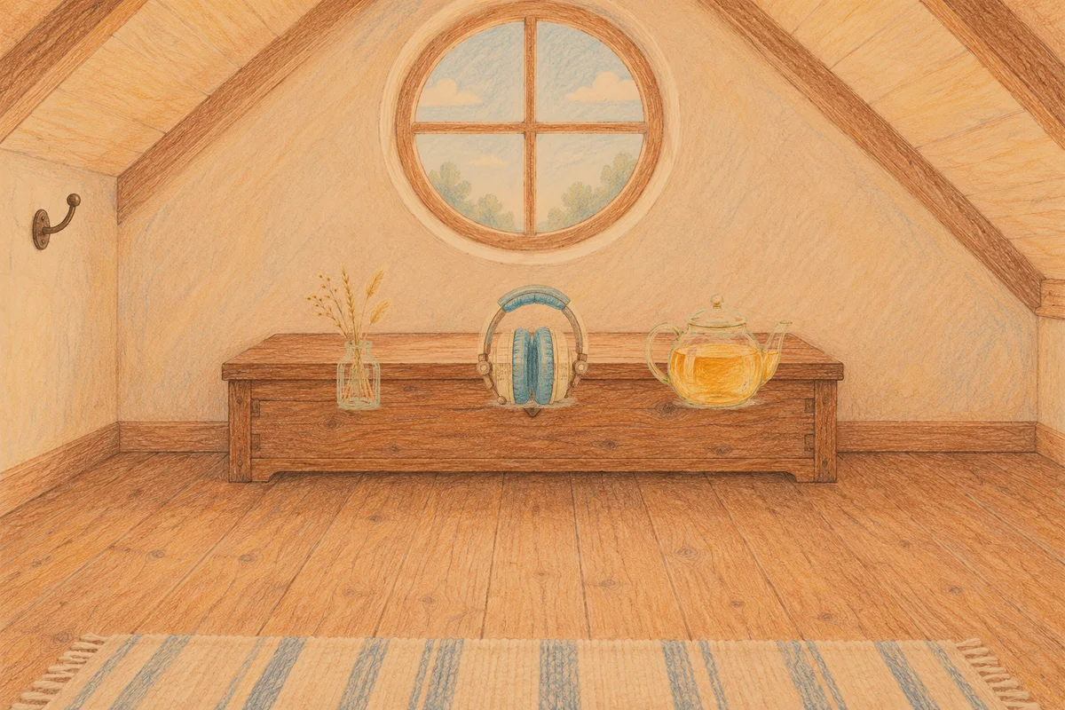 방배동 여성전용 홈케어 추천 안내 그림, 저녁의 다락방 나무 궤짝 위에 놓인 마른 풀을 꽂은 항아리, 헤드폰, 유리 티포트