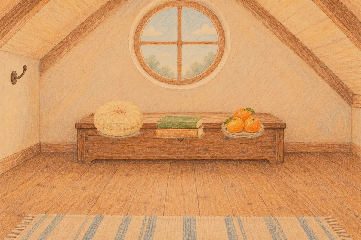 방배동 여성전용 발 케어 안내 그림, 저녁의 다락방 나무 궤짝 위에 놓인 둥근 쿠션, 책 두 권, 귤이 담긴 접시