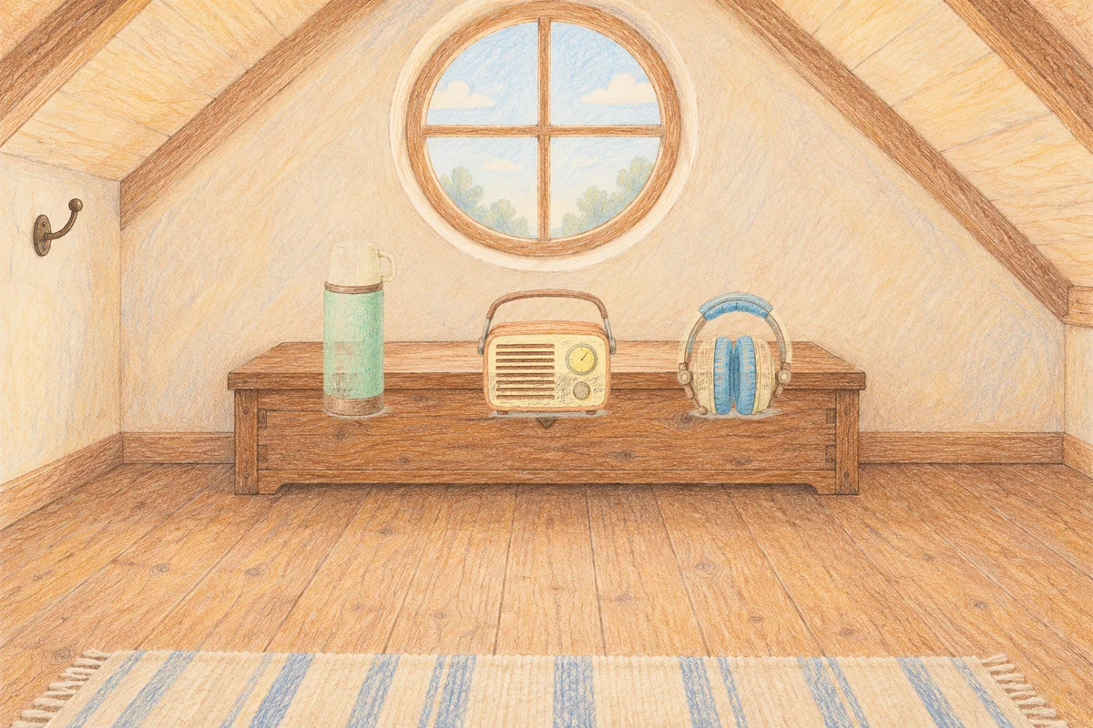 방배동 여성전용 발관리 추천 안내 그림, 낮의 다락방 나무 궤짝 위에 놓인 보온병, 작은 라디오, 헤드폰