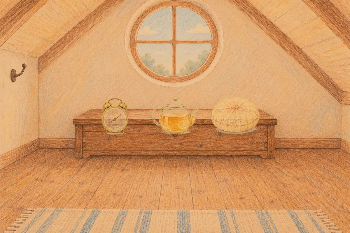방배동 여성전용 부종 케어 안내 그림, 저녁의 다락방 나무 궤짝 위에 놓인 둥근 알람시계, 유리 티포트, 둥근 쿠션