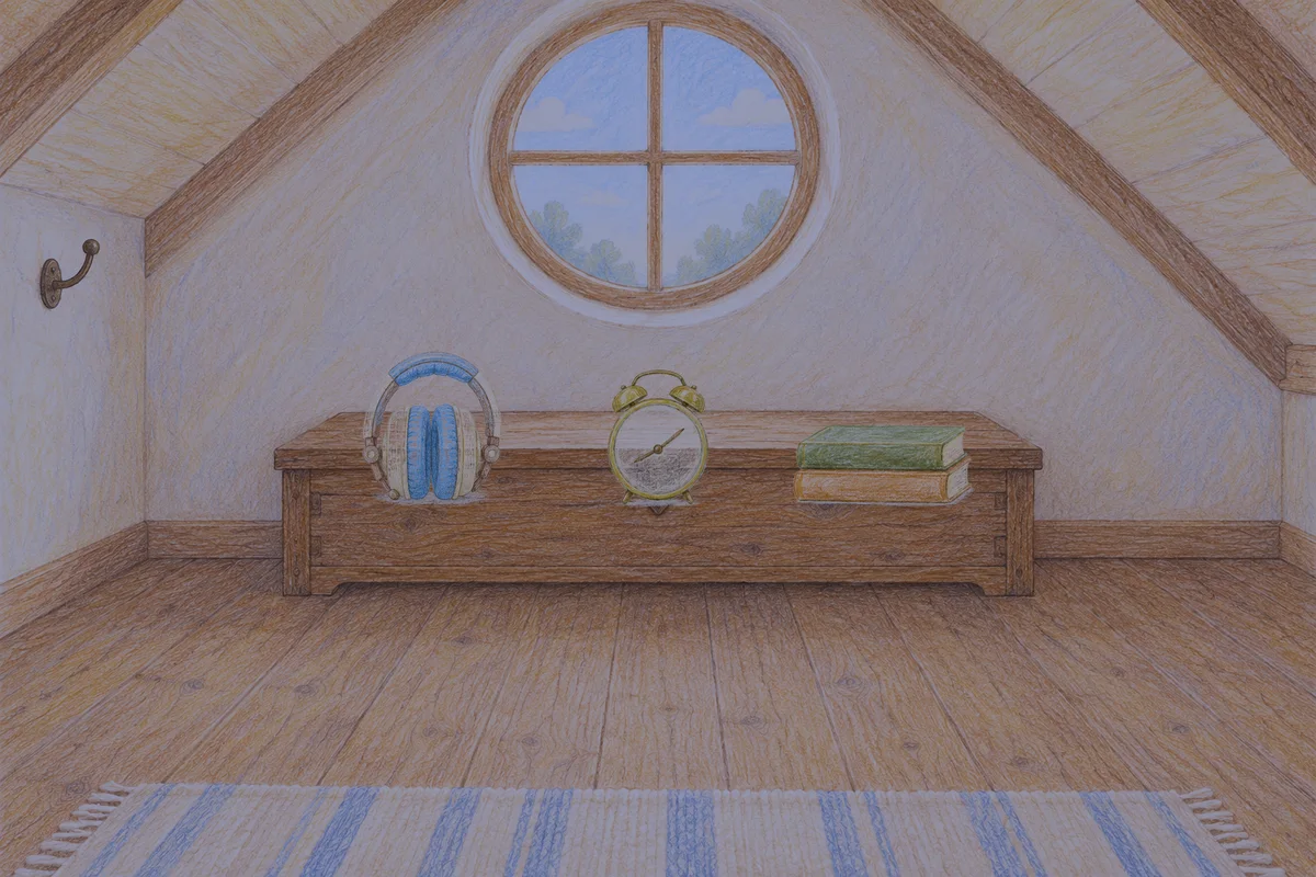 방배동 여성전용 복부 마사지 안내 그림, 밤의 다락방 나무 궤짝 위에 놓인 헤드폰, 둥근 알람시계, 책 두 권