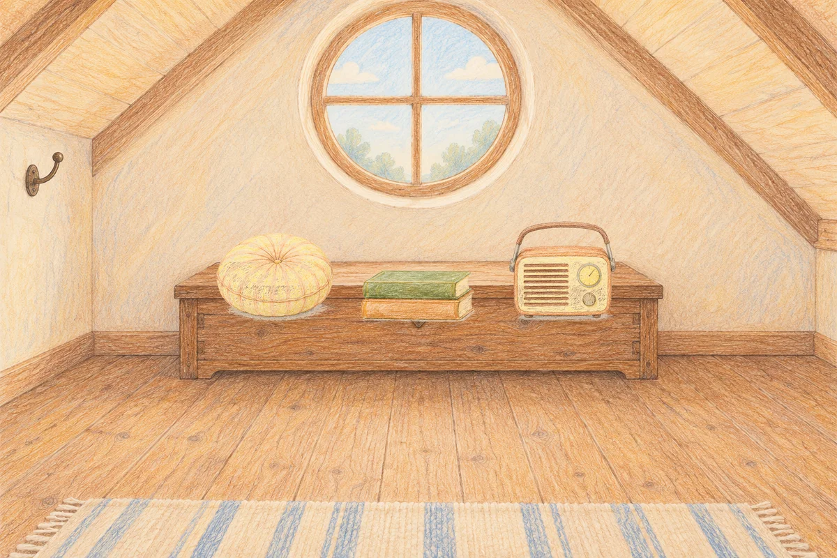 방배동 여성전용 종아리 케어 안내 그림, 낮의 다락방 나무 궤짝 위에 놓인 둥근 쿠션, 책 두 권, 작은 라디오