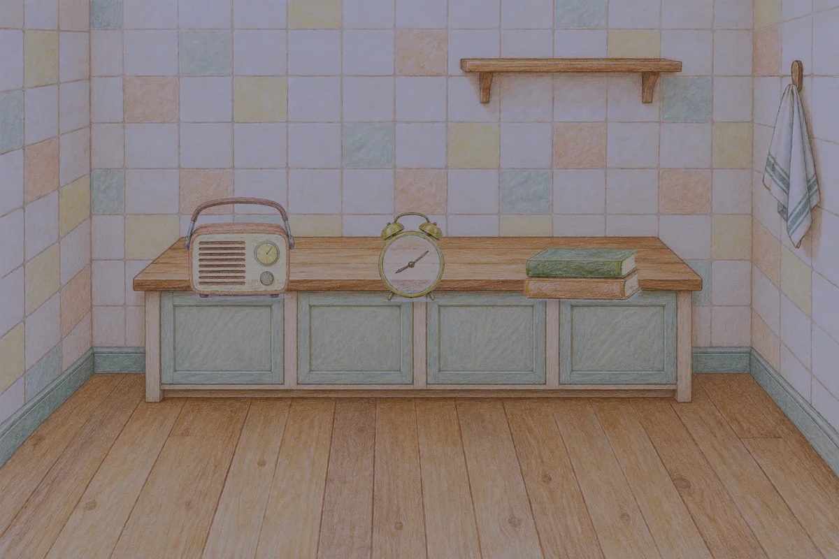 방배동 여성전용 두피 마사지 안내 그림, 밤의 부엌 나무 조리대 위에 놓인 작은 라디오, 둥근 알람시계, 책 두 권