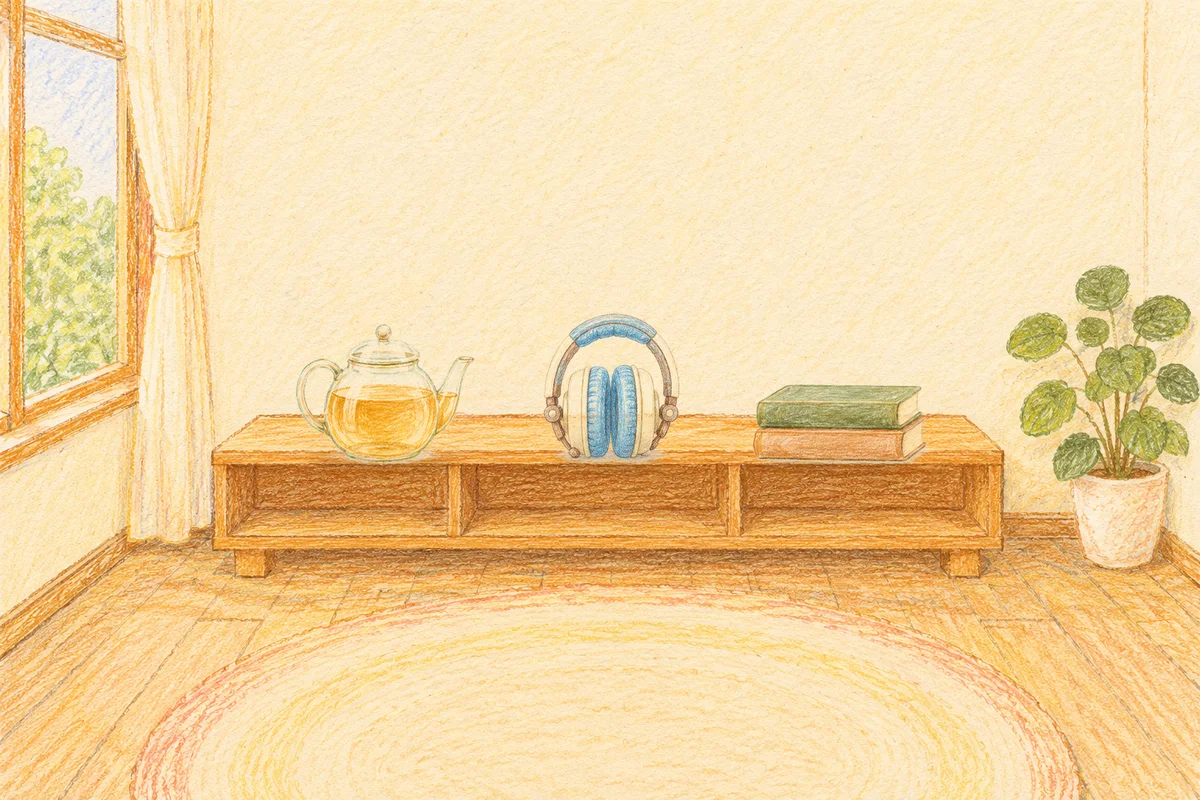 방배동 여성전용 두피 케어 안내 그림, 낮의 창가 낮은 선반 위에 놓인 유리 티포트, 헤드폰, 책 두 권