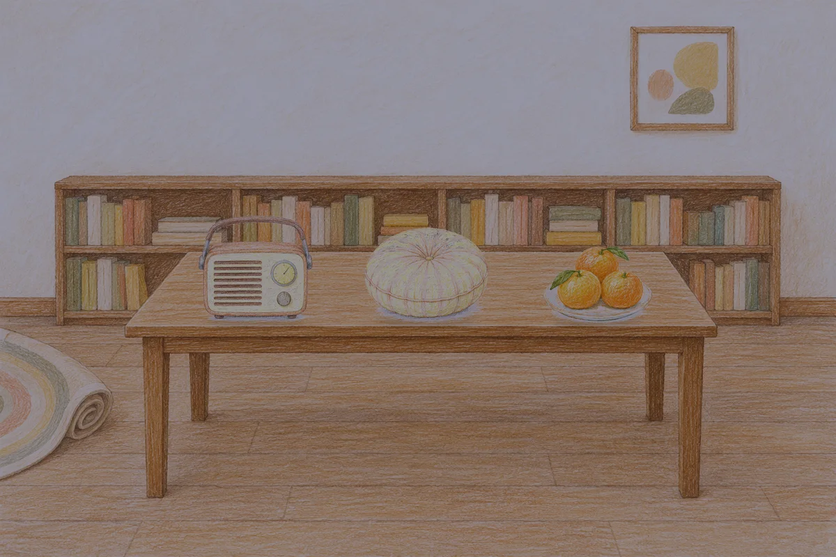 방배동 여성전용 목 어깨 케어 안내 그림, 밤의 서재 긴 책상 위에 놓인 작은 라디오, 둥근 쿠션, 귤이 담긴 접시