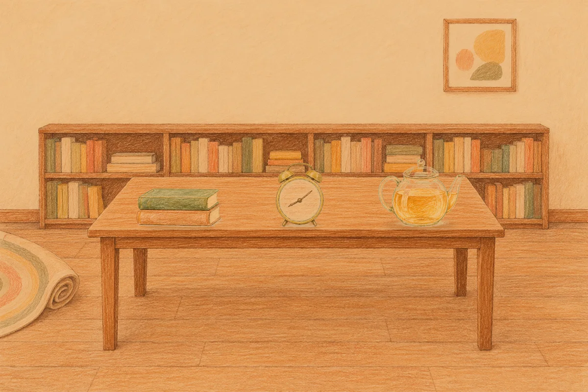 방배동 여성전용 스트레스 케어 안내 그림, 저녁의 서재 긴 책상 위에 놓인 책 두 권, 둥근 알람시계, 유리 티포트