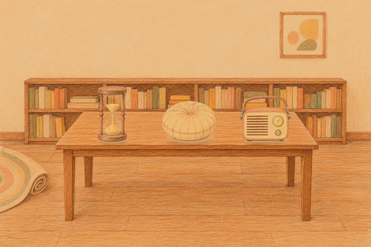 방배동 여성전용 피로 회복 마사지 안내 그림, 저녁의 서재 긴 책상 위에 놓인 모래시계, 둥근 쿠션, 작은 라디오