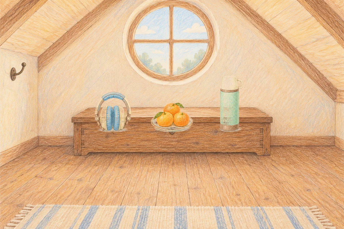 방배동 여성전용 안티에이징 케어 안내 그림, 낮의 다락방 나무 궤짝 위에 놓인 헤드폰, 귤이 담긴 접시, 보온병
