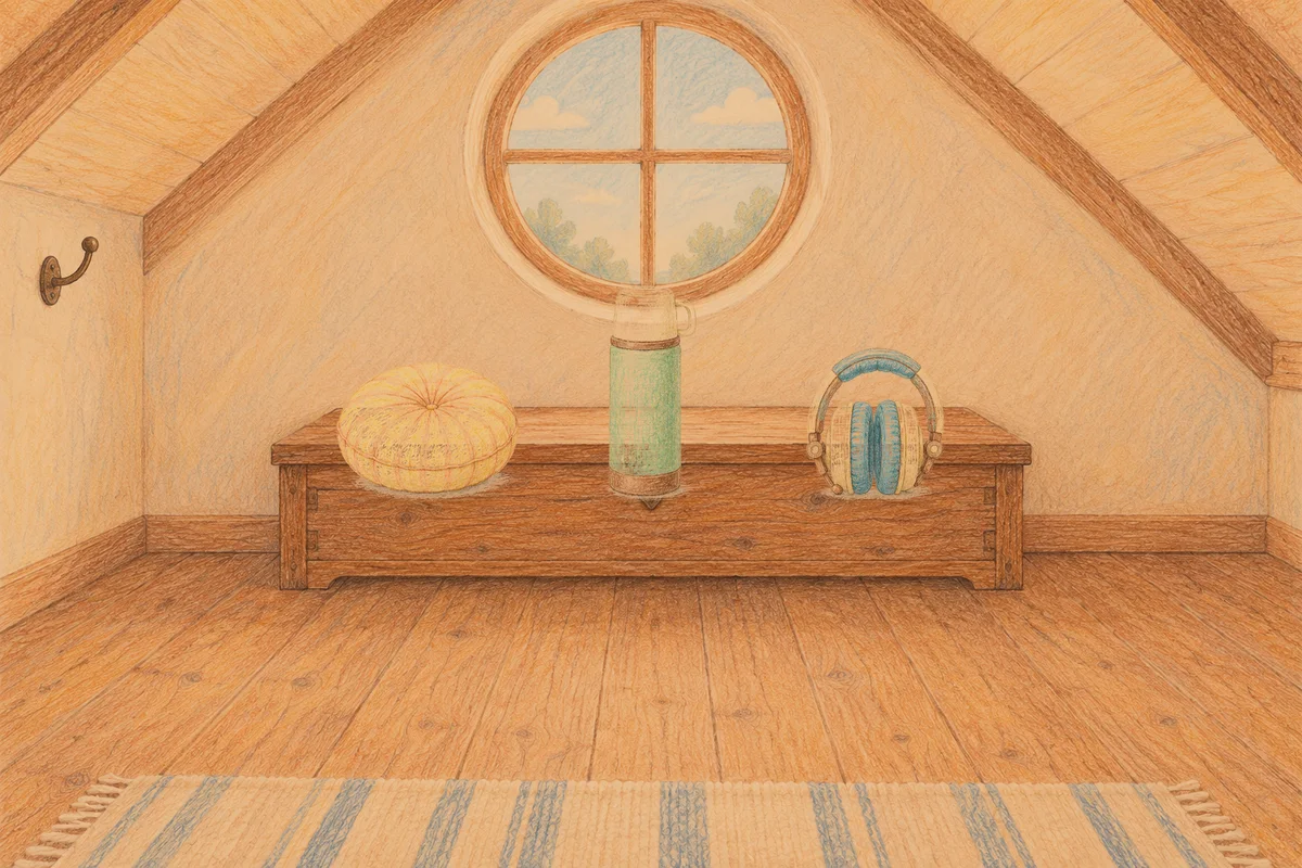 방배동 여성전용 샵 마사지 안내 그림, 저녁의 다락방 나무 궤짝 위에 놓인 둥근 쿠션, 보온병, 헤드폰