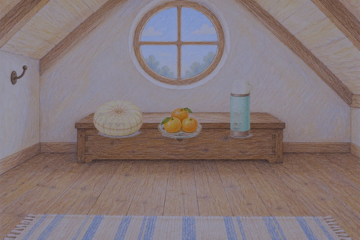 방배동 여성전용 가격 마사지 안내 그림, 밤의 다락방 나무 궤짝 위에 놓인 둥근 쿠션, 귤이 담긴 접시, 보온병