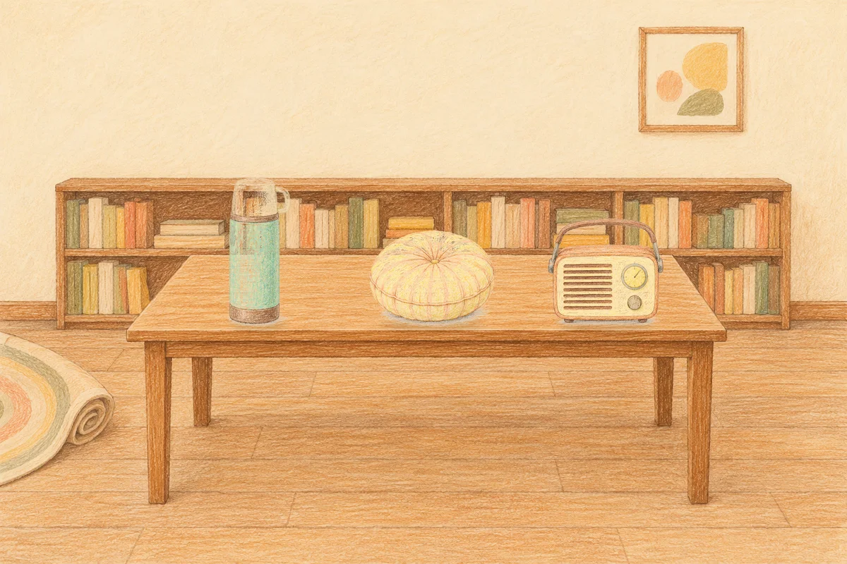 양재동 여성전용 스웨디시 후기 안내 그림, 낮의 서재 긴 책상 위에 놓인 보온병, 둥근 쿠션, 작은 라디오