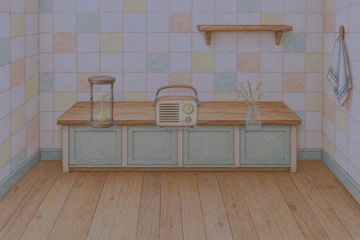 양재동 여성전용 아로마 마사지 후기 안내 그림, 밤의 부엌 나무 조리대 위에 놓인 모래시계, 작은 라디오, 마른 풀을 꽂은 항아리