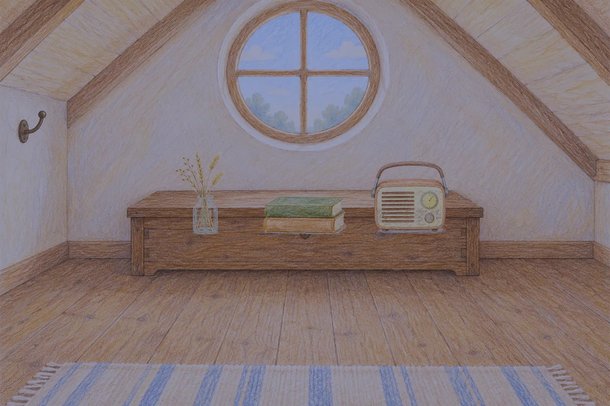 양재동 여성전용 아로마 가격 안내 그림, 밤의 다락방 나무 궤짝 위에 놓인 마른 풀을 꽂은 항아리, 책 두 권, 작은 라디오