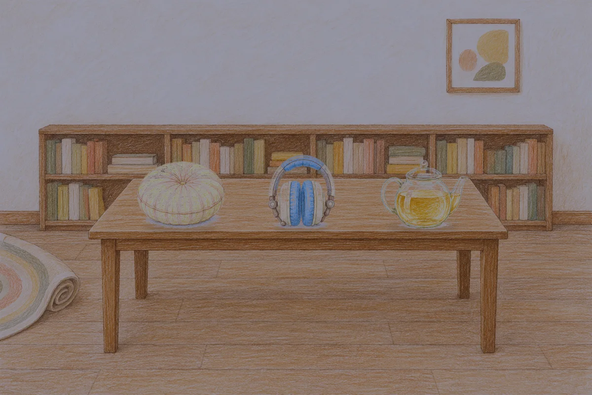 양재동 여성전용 아로마 추천 안내 그림, 밤의 서재 긴 책상 위에 놓인 둥근 쿠션, 헤드폰, 유리 티포트