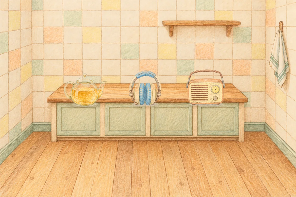 양재동 여성전용 경락마사지 안내 그림, 낮의 부엌 나무 조리대 위에 놓인 유리 티포트, 헤드폰, 작은 라디오