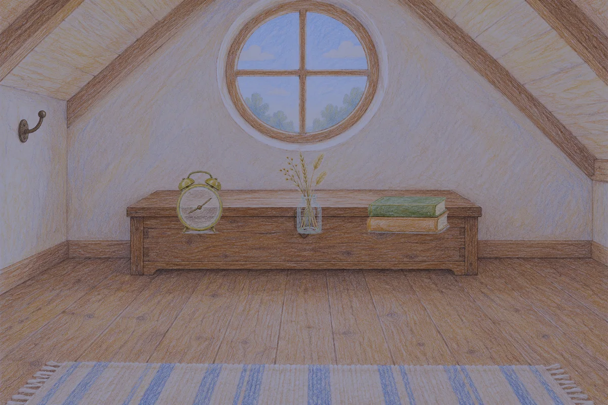 양재동 여성전용 얼굴 경락 안내 그림, 밤의 다락방 나무 궤짝 위에 놓인 둥근 알람시계, 마른 풀을 꽂은 항아리, 책 두 권
