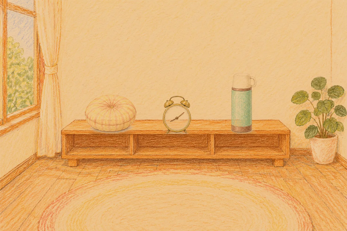 양재동 여성전용 바디 경락 안내 그림, 저녁의 창가 낮은 선반 위에 놓인 둥근 쿠션, 둥근 알람시계, 보온병