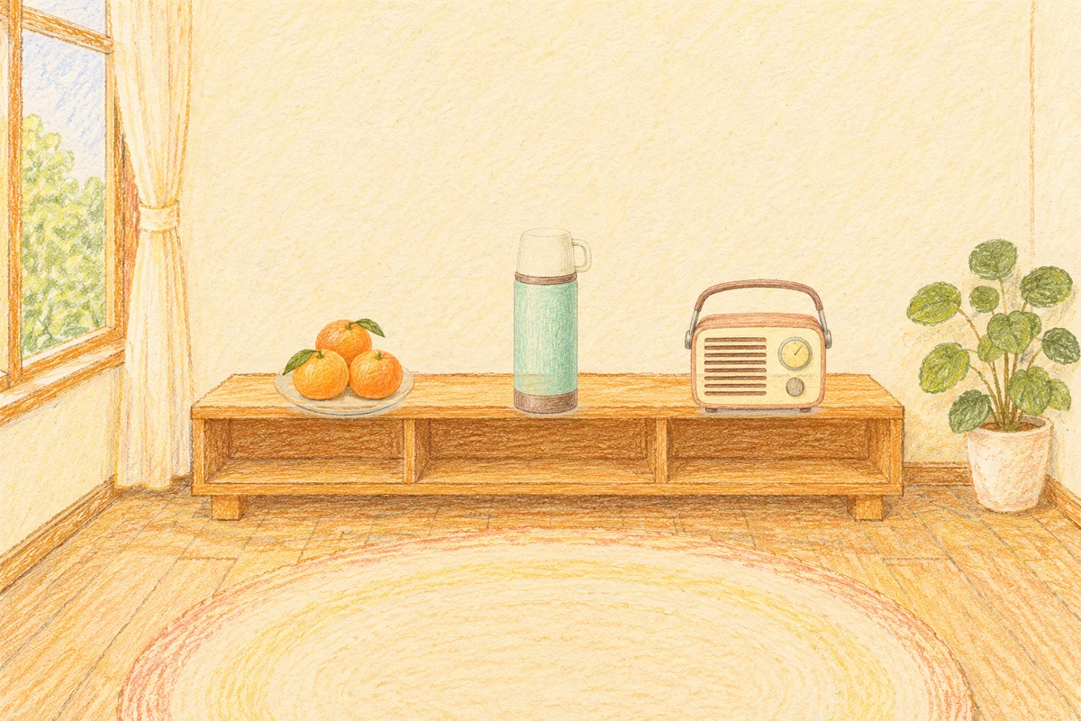 양재동 여성전용 방문 홈케어 안내 그림, 낮의 창가 낮은 선반 위에 놓인 귤이 담긴 접시, 보온병, 작은 라디오