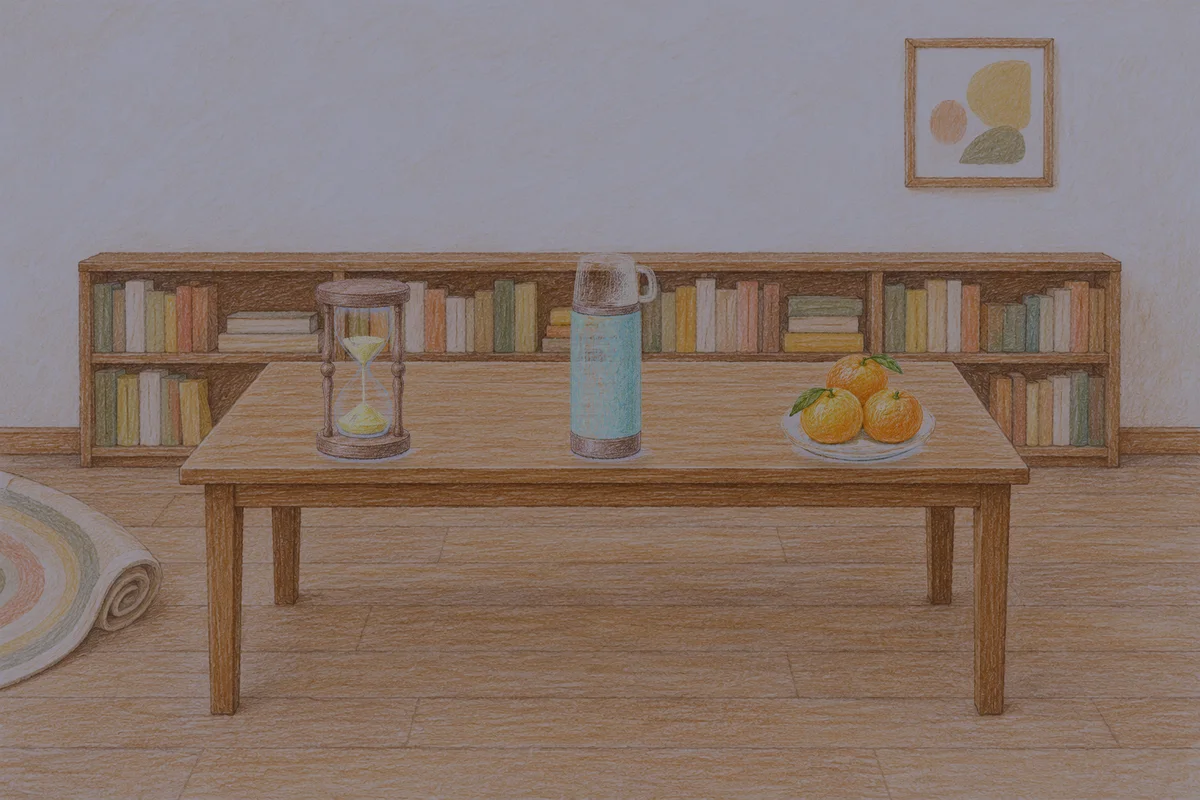 양재동 여성전용 1인샵 안내 그림, 밤의 서재 긴 책상 위에 놓인 모래시계, 보온병, 귤이 담긴 접시