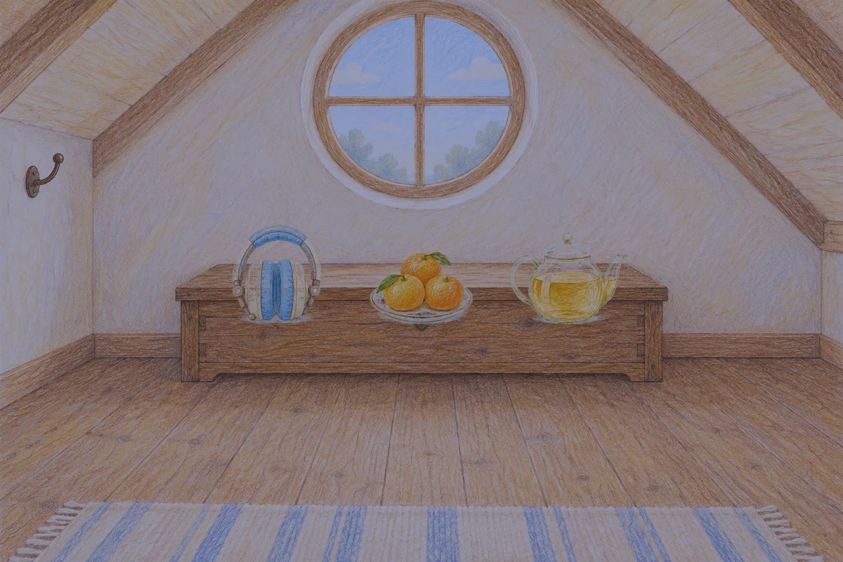 양재동 여성전용 홈케어 추천 안내 그림, 밤의 다락방 나무 궤짝 위에 놓인 헤드폰, 귤이 담긴 접시, 유리 티포트