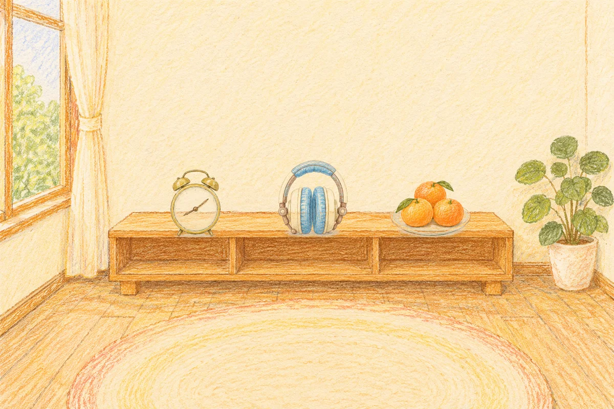 양재동 여성전용 발 케어 안내 그림, 낮의 창가 낮은 선반 위에 놓인 둥근 알람시계, 헤드폰, 귤이 담긴 접시