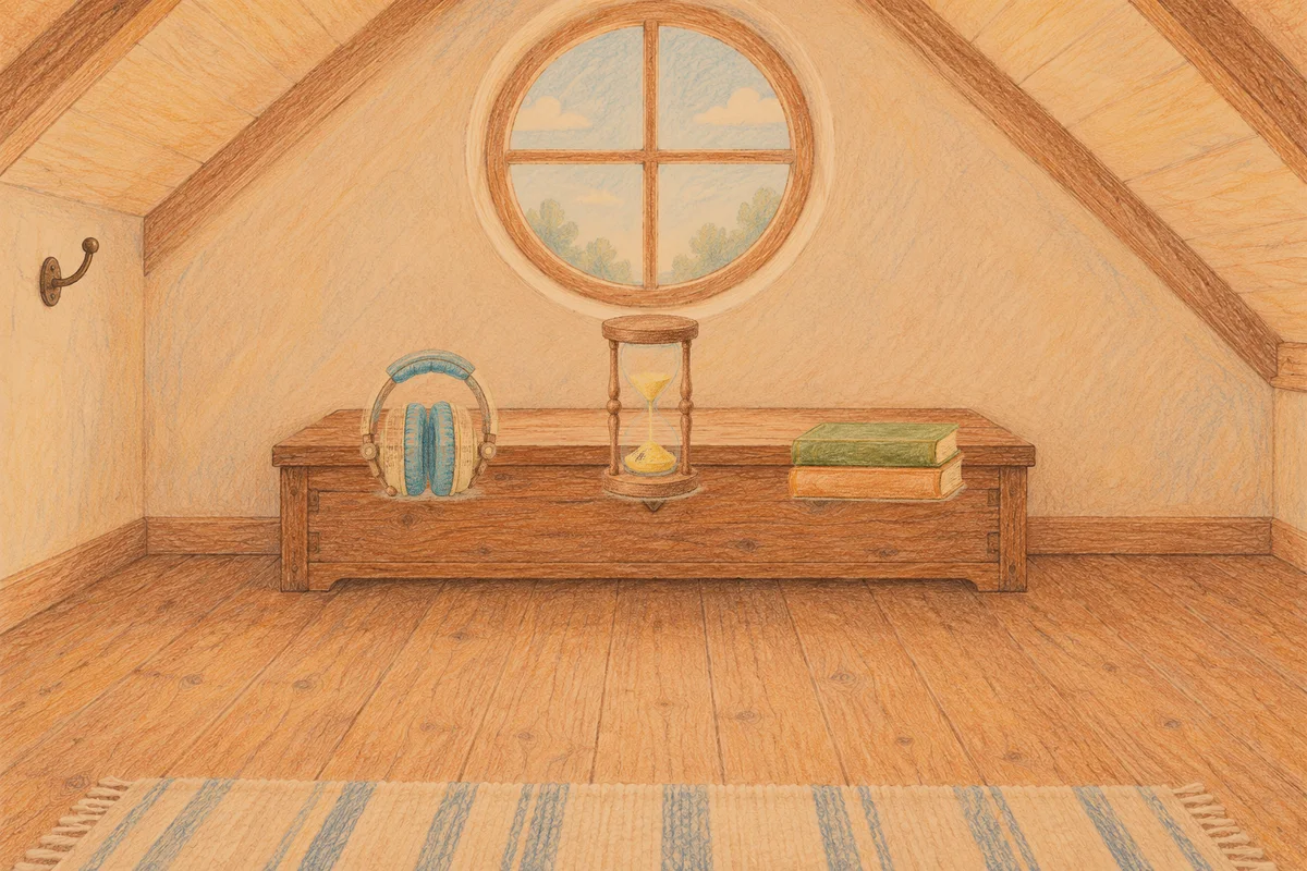 양재동 여성전용 발 부종 케어 안내 그림, 저녁의 다락방 나무 궤짝 위에 놓인 헤드폰, 모래시계, 책 두 권