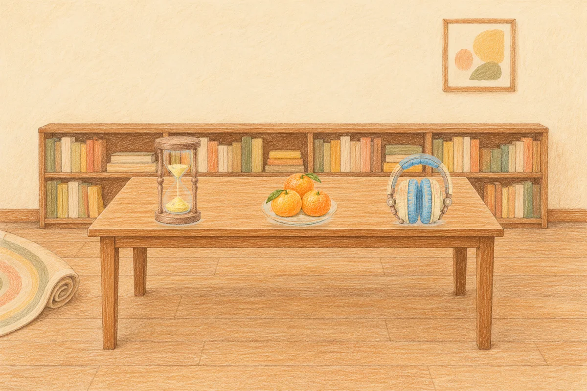 양재동 여성전용 부종 케어 안내 그림, 낮의 서재 긴 책상 위에 놓인 모래시계, 귤이 담긴 접시, 헤드폰