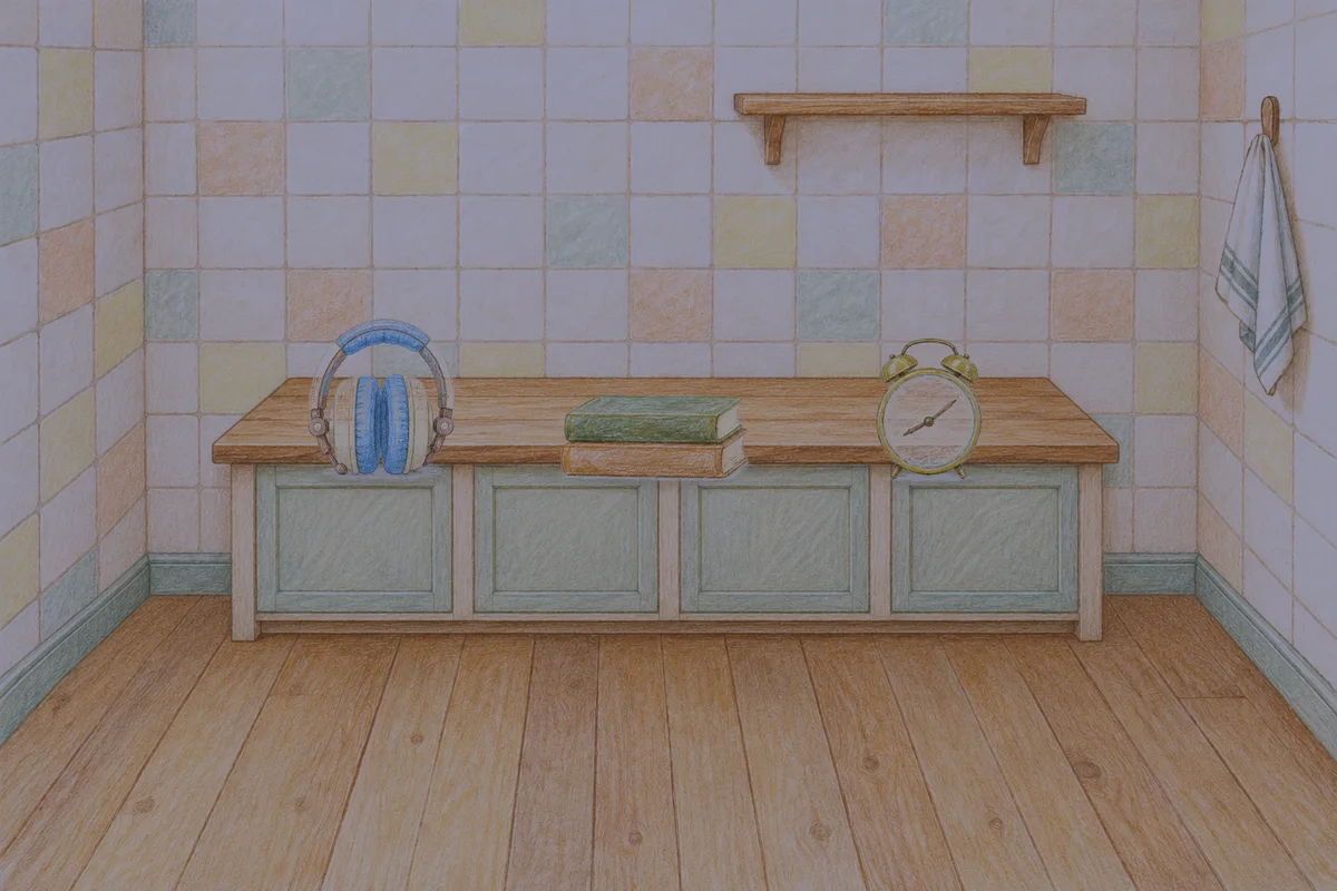 양재동 여성전용 바디 케어 안내 그림, 밤의 부엌 나무 조리대 위에 놓인 헤드폰, 책 두 권, 둥근 알람시계