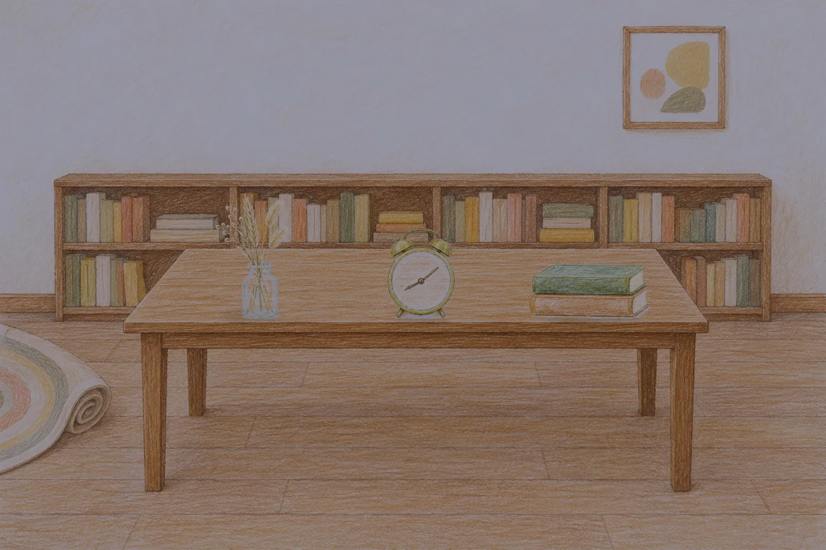 양재동 여성전용 슬리밍 마사지 안내 그림, 밤의 서재 긴 책상 위에 놓인 마른 풀을 꽂은 항아리, 둥근 알람시계, 책 두 권
