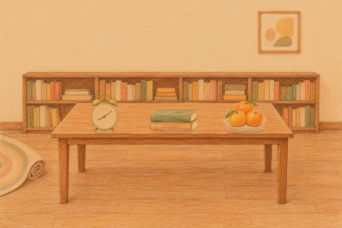 양재동 여성전용 디톡스 마사지 안내 그림, 저녁의 서재 긴 책상 위에 놓인 둥근 알람시계, 책 두 권, 귤이 담긴 접시