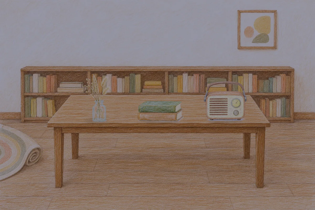 양재동 여성전용 종아리 케어 안내 그림, 밤의 서재 긴 책상 위에 놓인 마른 풀을 꽂은 항아리, 책 두 권, 작은 라디오