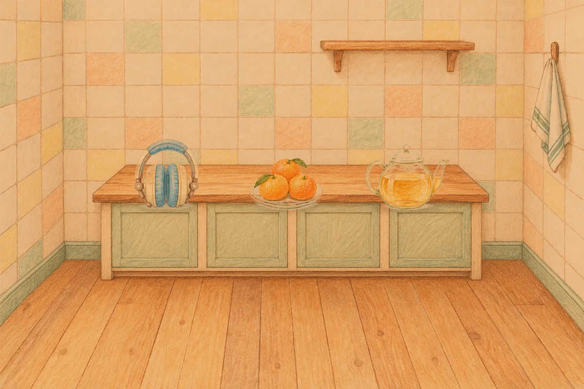 양재동 여성전용 등 마사지 안내 그림, 저녁의 부엌 나무 조리대 위에 놓인 헤드폰, 귤이 담긴 접시, 유리 티포트