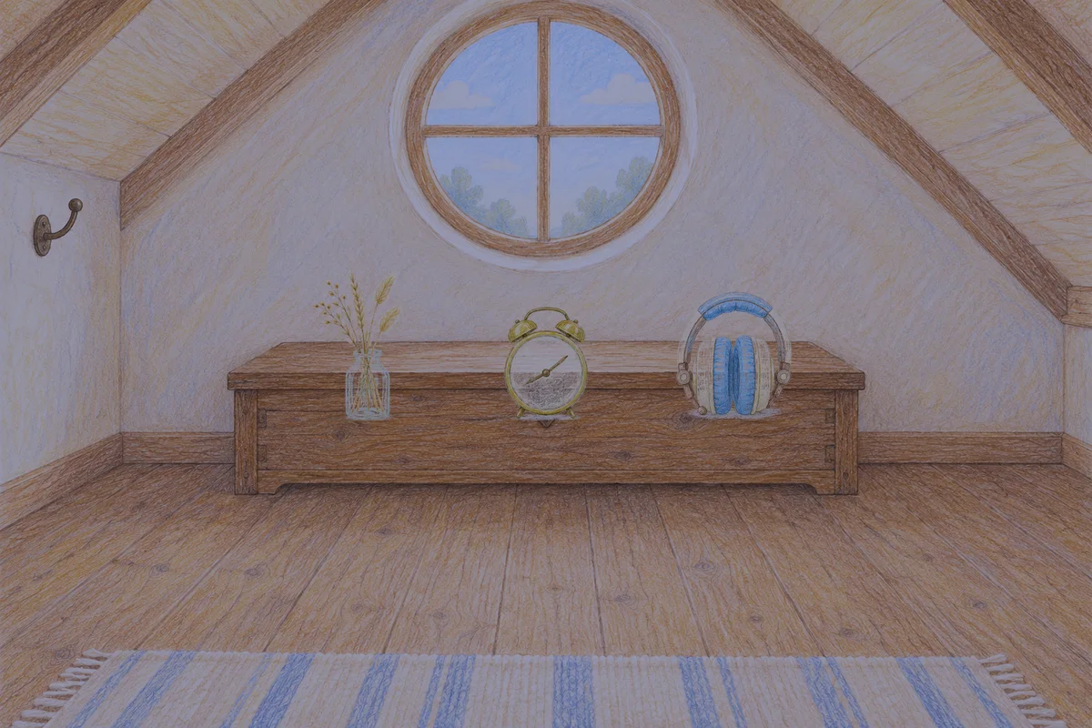 양재동 여성전용 두피 케어 안내 그림, 밤의 다락방 나무 궤짝 위에 놓인 마른 풀을 꽂은 항아리, 둥근 알람시계, 헤드폰