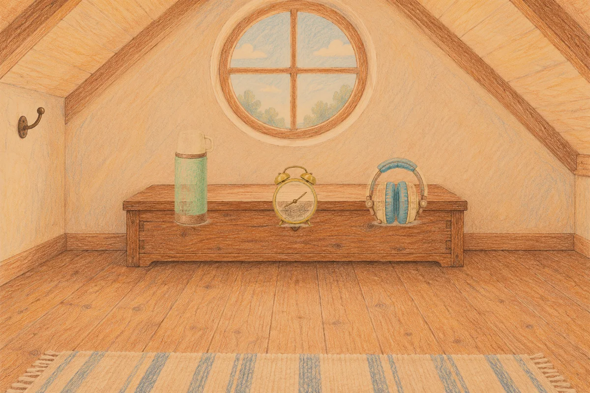 양재동 여성전용 수면 케어 안내 그림, 저녁의 다락방 나무 궤짝 위에 놓인 보온병, 둥근 알람시계, 헤드폰