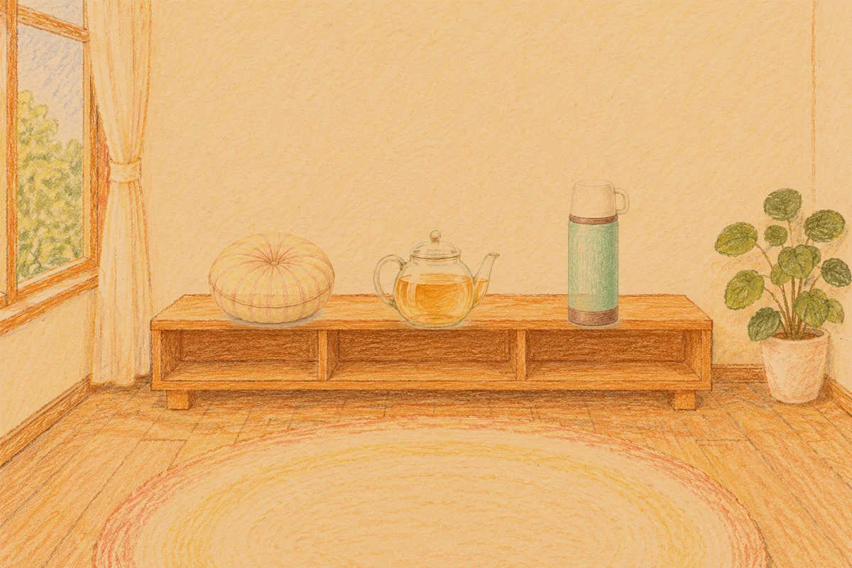 양재동 여성전용 피로 회복 마사지 안내 그림, 저녁의 창가 낮은 선반 위에 놓인 둥근 쿠션, 유리 티포트, 보온병