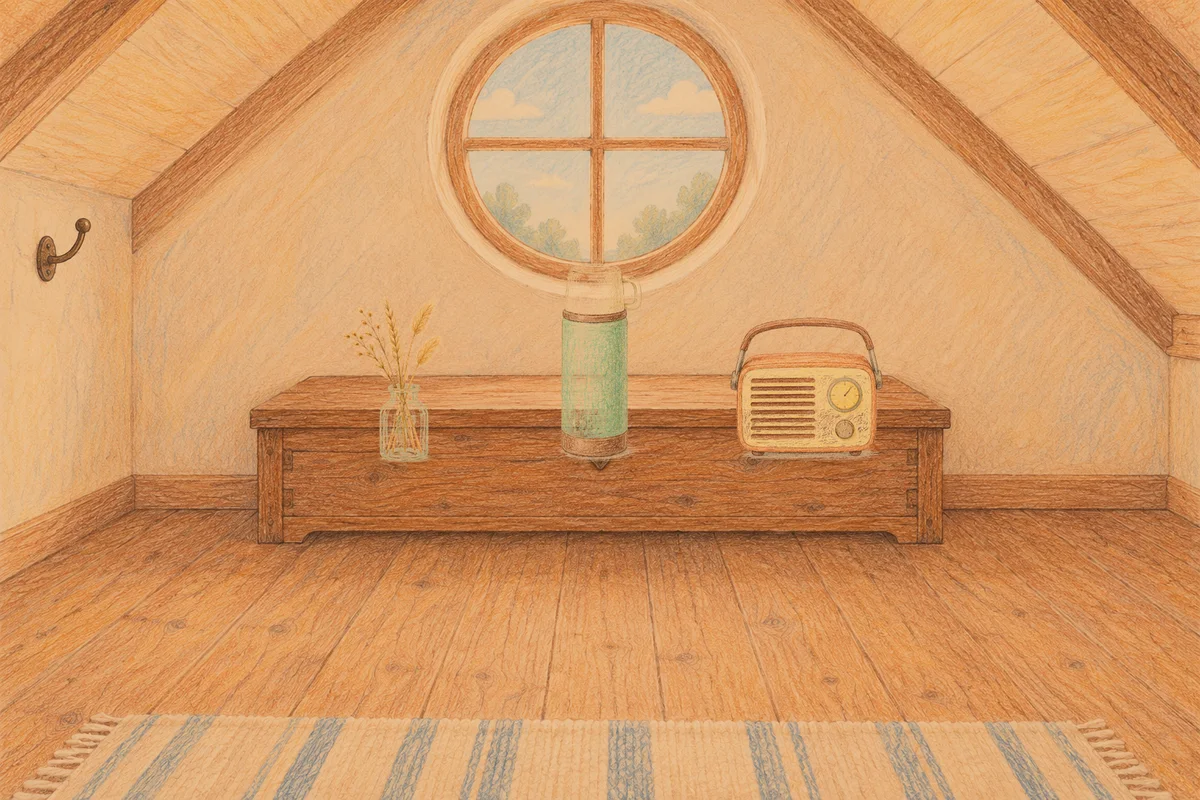 양재동 여성전용 페이셜 마사지 안내 그림, 저녁의 다락방 나무 궤짝 위에 놓인 마른 풀을 꽂은 항아리, 보온병, 작은 라디오
