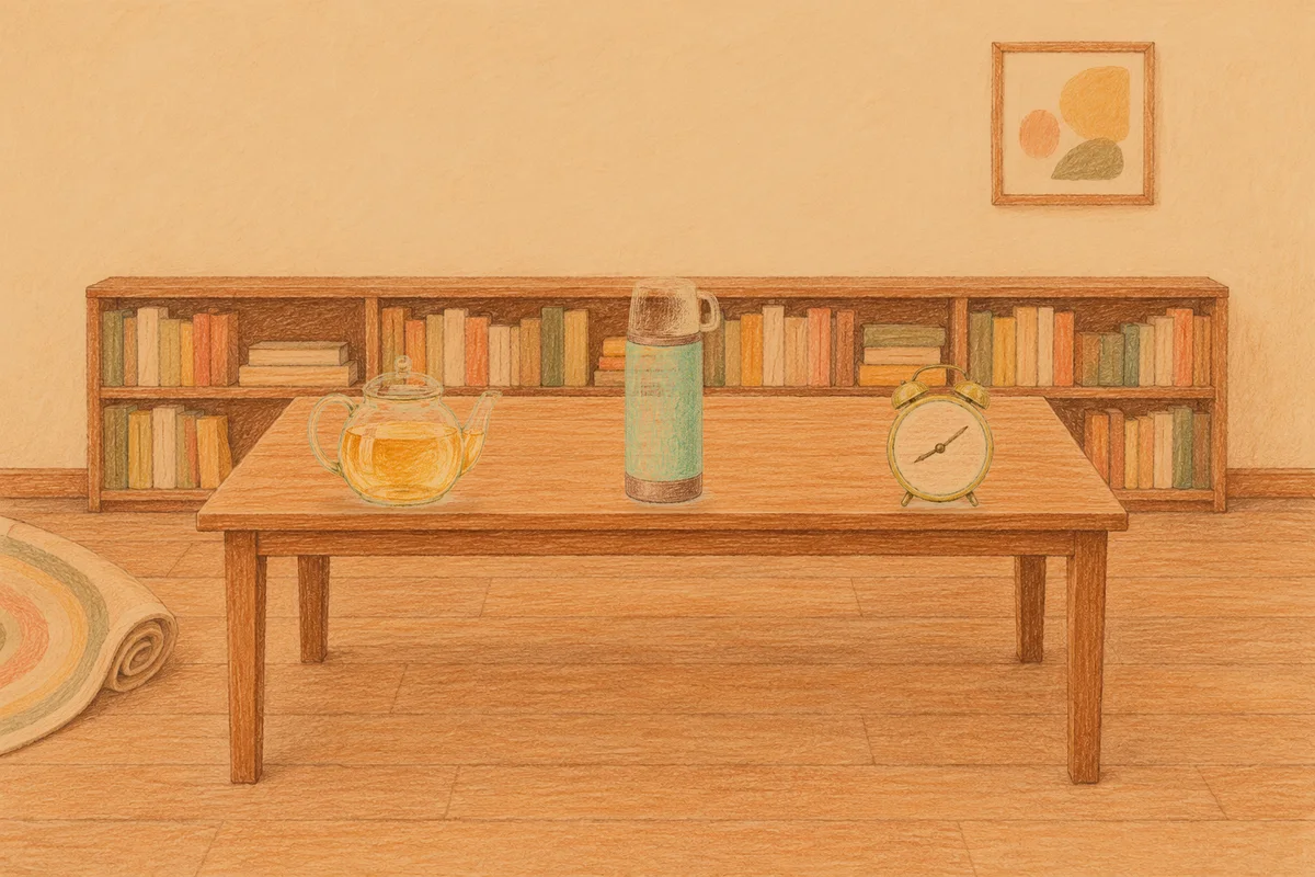 양재동 여성전용 얼굴 마사지 안내 그림, 저녁의 서재 긴 책상 위에 놓인 유리 티포트, 보온병, 둥근 알람시계
