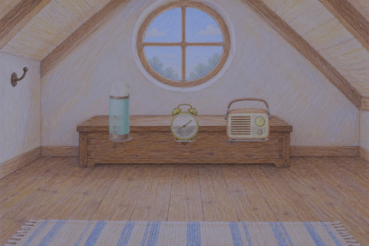 양재동 여성전용 안티에이징 케어 안내 그림, 밤의 다락방 나무 궤짝 위에 놓인 보온병, 둥근 알람시계, 작은 라디오