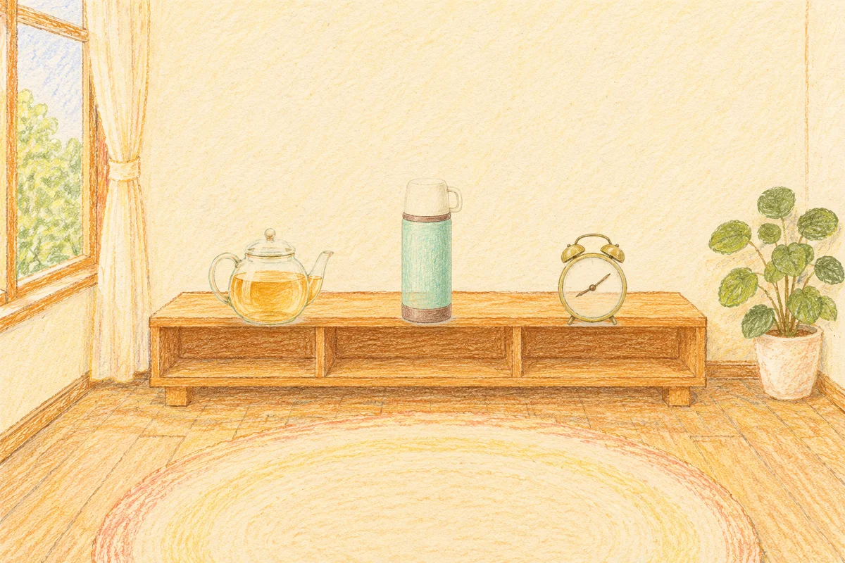 양재동 여성전용 피부 관리 안내 그림, 낮의 창가 낮은 선반 위에 놓인 유리 티포트, 보온병, 둥근 알람시계