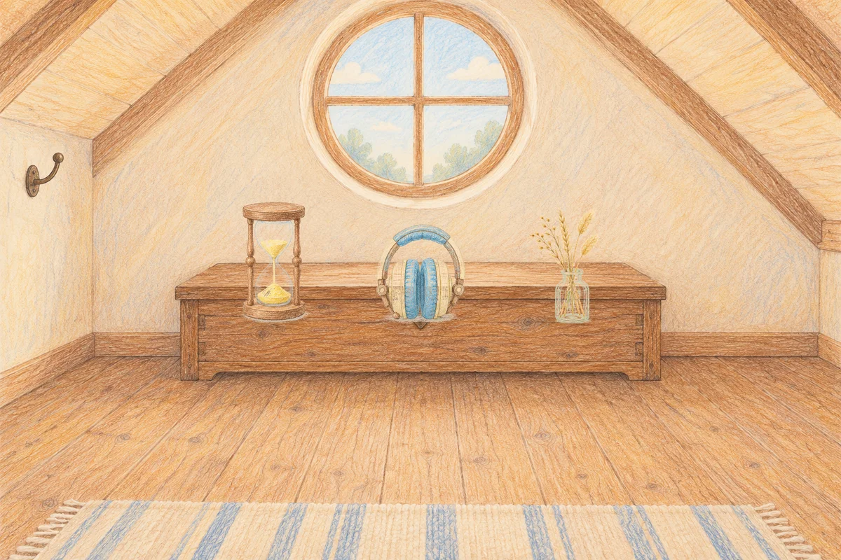 양재동 여성전용 예약 마사지 안내 그림, 낮의 다락방 나무 궤짝 위에 놓인 모래시계, 헤드폰, 마른 풀을 꽂은 항아리