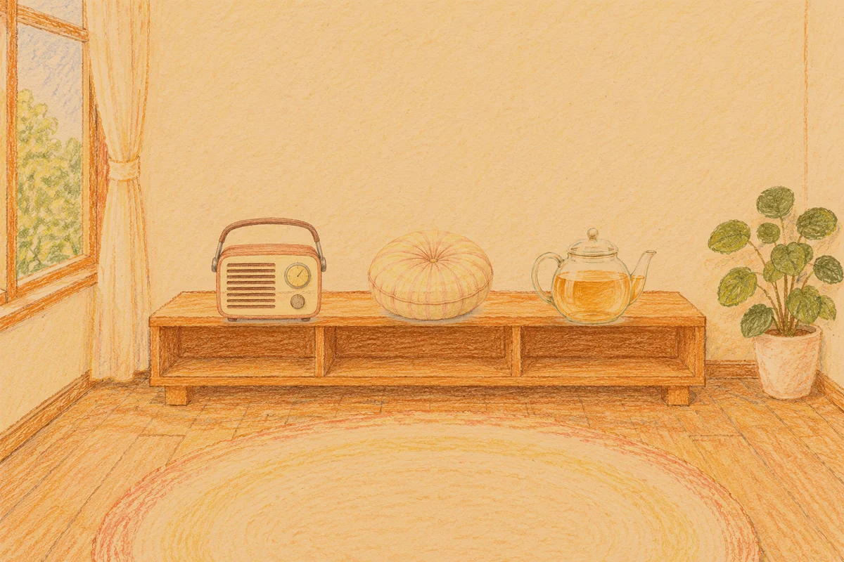 양재동 여성전용 후기 마사지 안내 그림, 저녁의 창가 낮은 선반 위에 놓인 작은 라디오, 둥근 쿠션, 유리 티포트