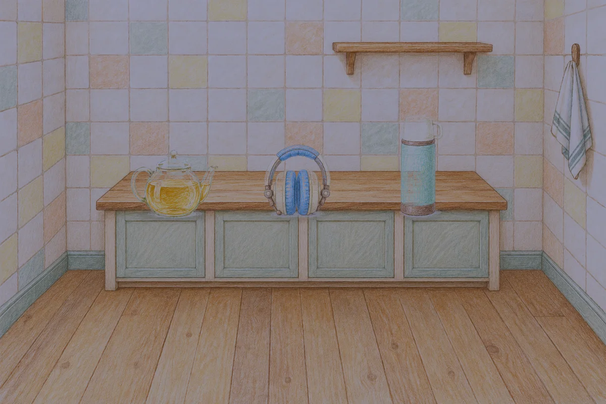 양재동 여성전용 출장 마사지 후기 안내 그림, 밤의 부엌 나무 조리대 위에 놓인 유리 티포트, 헤드폰, 보온병