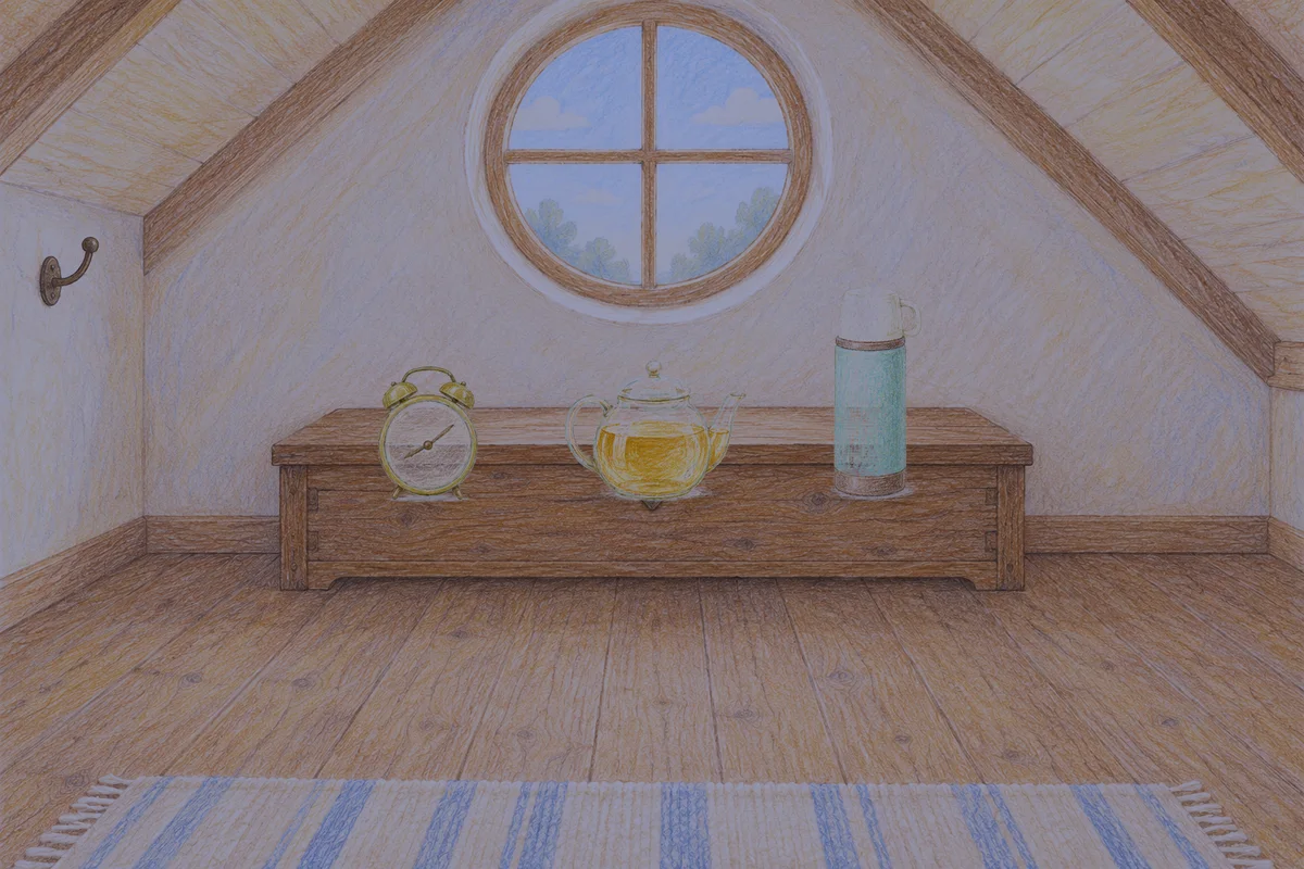 중곡동 여성전용 스웨디시 마사지 안내 그림, 밤의 다락방 나무 궤짝 위에 놓인 둥근 알람시계, 유리 티포트, 보온병