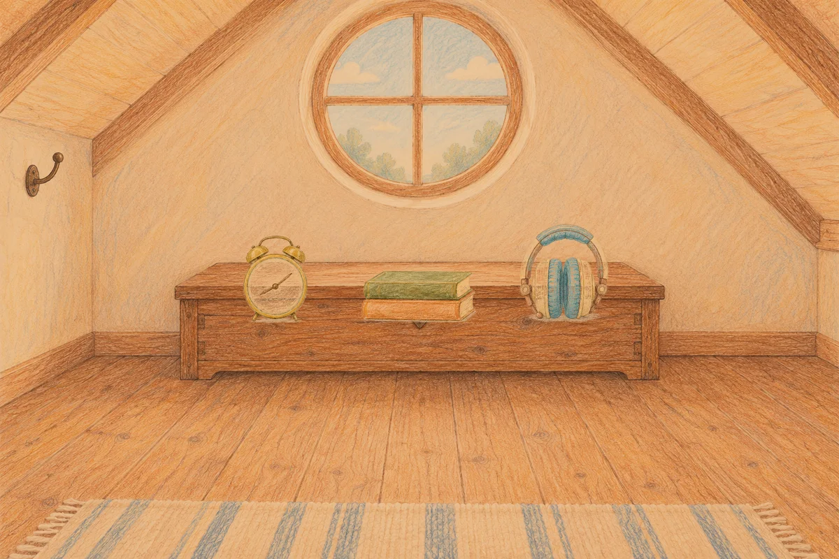 중곡동 여성전용 아로마테라피 안내 그림, 저녁의 다락방 나무 궤짝 위에 놓인 둥근 알람시계, 책 두 권, 헤드폰