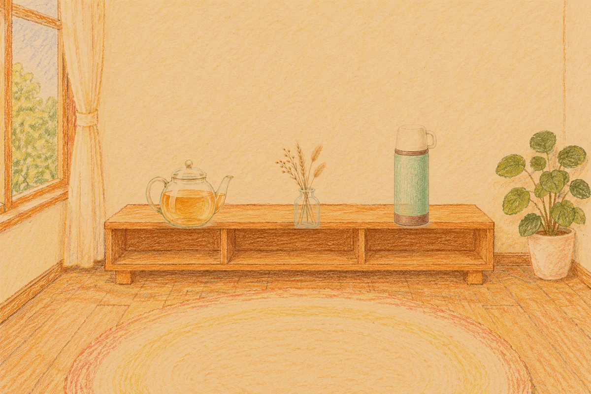 중곡동 여성전용 라벤더 아로마 안내 그림, 저녁의 창가 낮은 선반 위에 놓인 유리 티포트, 마른 풀을 꽂은 항아리, 보온병